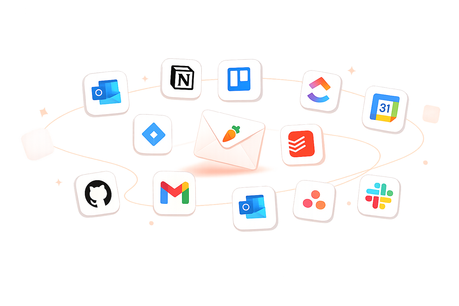 당근메일이 매주 다루는 생산성 도구들 — Notion, Trello, ClickUp, Google Calendar, Jira, Todoist, GitHub, Gmail, Outlook, Slack 등이 가운데 🥕 이메일 봉투 주위에 떠 있는 일러스트